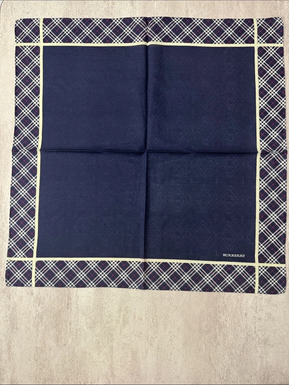 Burberry Navy and Cream Plaid-Trim cotton Scarf